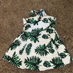 Tropical Leaf Print Halter Swim Dress